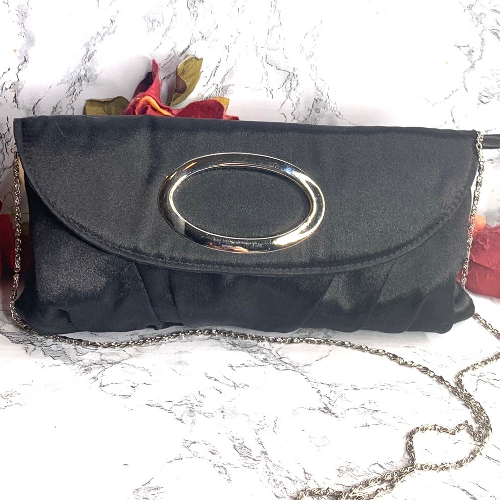 Vintage Bijoux Terner Black and Silver Satin Crossbody Clutch Evening Bag